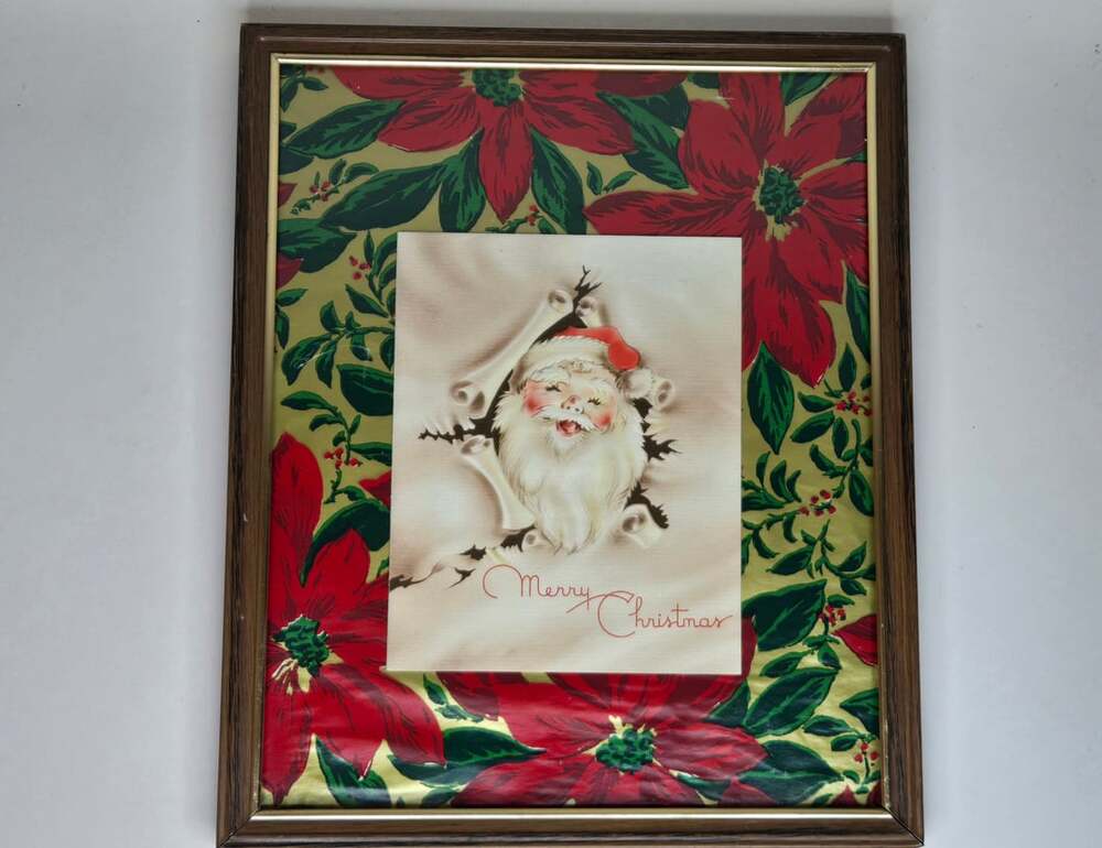 Vintage 1938 Santa Claus Christmas Card Framed In Poinsettia Foil Paper